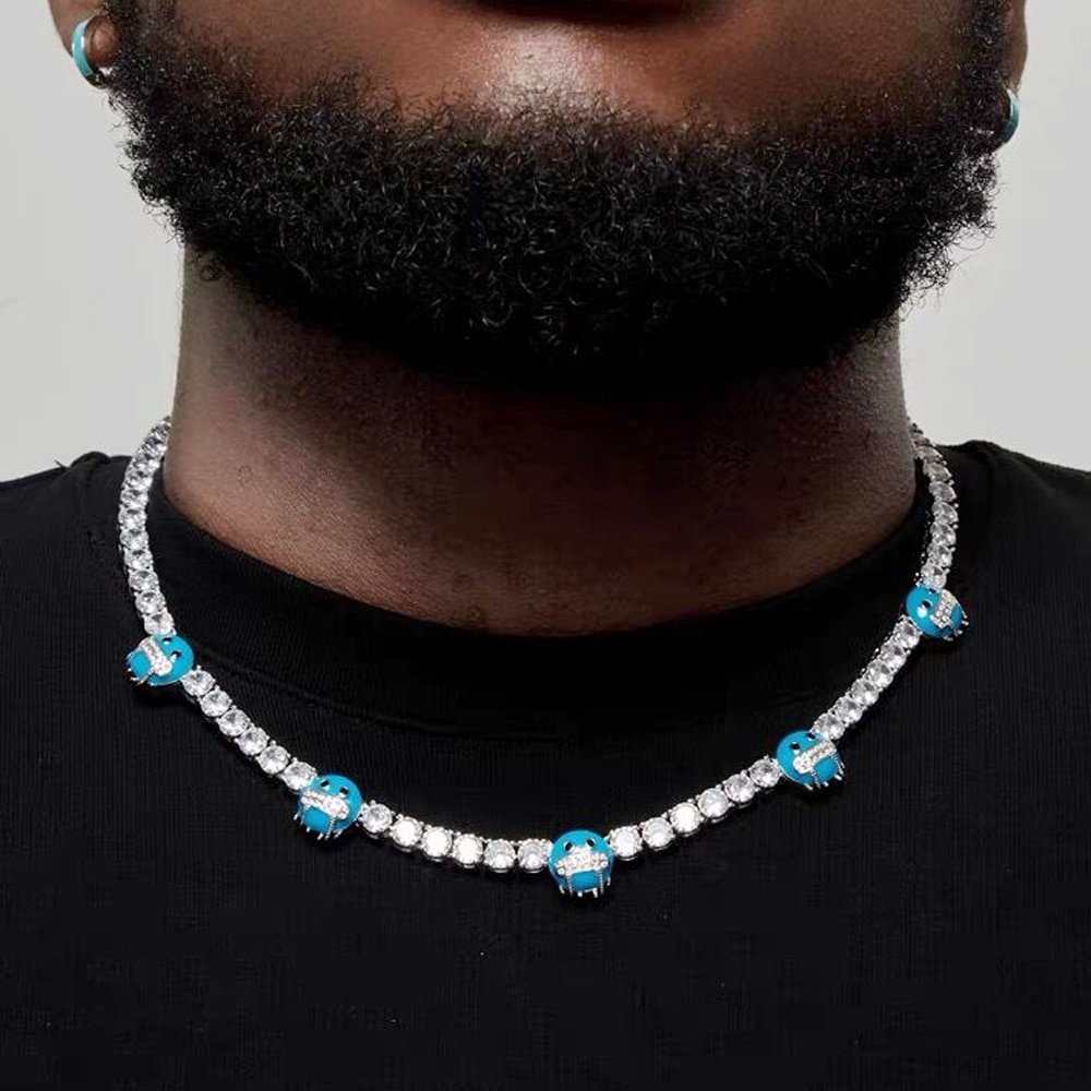 5MM Blue Enamel Luminous Smile Face Men's Iced Out Tennis Chain Necklace-VESSFUL