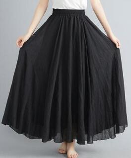 Elastic Waist Pleated Big Swing Linen Cotton Long Skirts