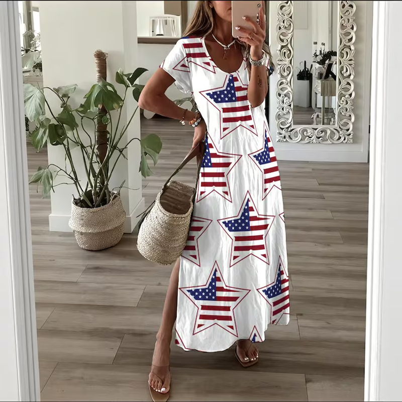  Women's Star Flag Art Print Short Sleeve Dress Westsshops