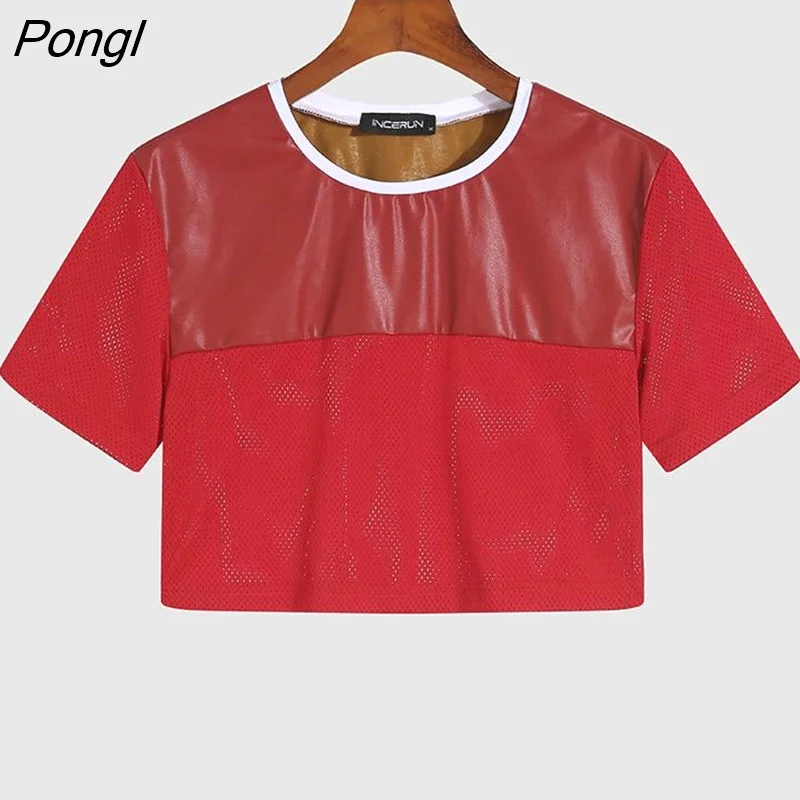 Pongl Men Crop Tops Patchwork See Through Sexy Short Sleeve T Shirts Streetwear 2023 Party Nightclub Men Clothing INCERUN 5XL