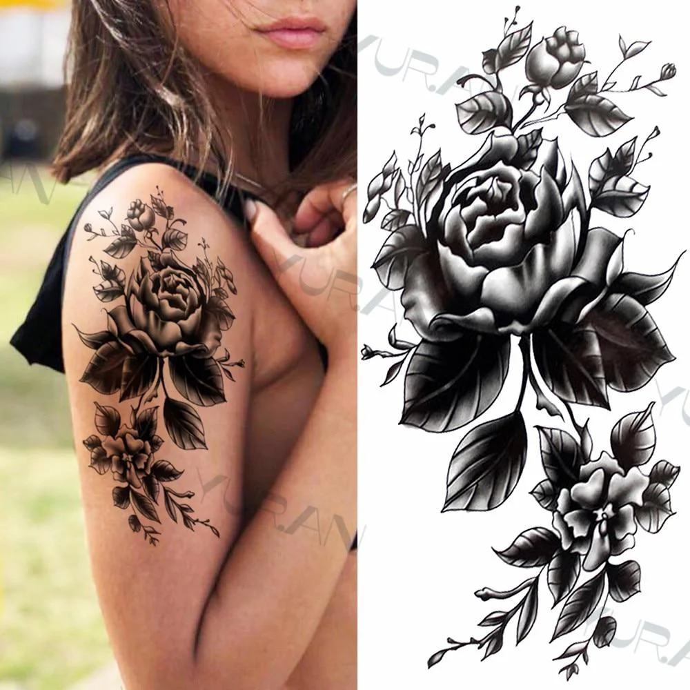 Black Large Snake Flower Fake Tattoo Sticker For Women Dot Rose Peony Temporary Tattoos DIY Water Transfer Tatoos Girls 1029
