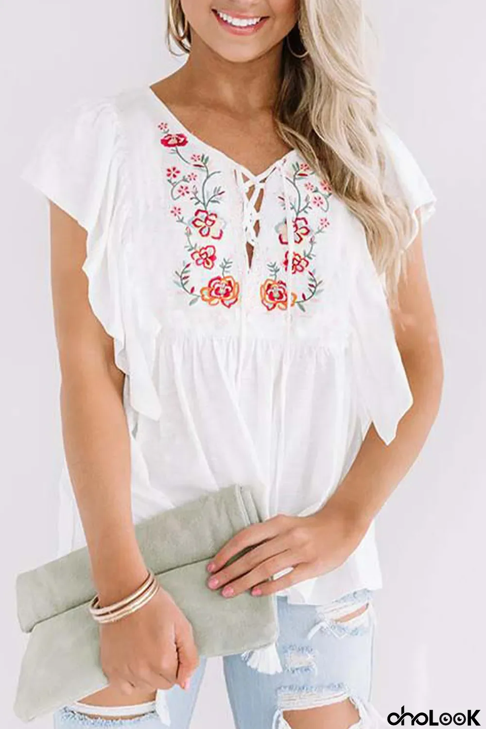 White Floral Embroidered Ruffled Lace-up V Neck Top