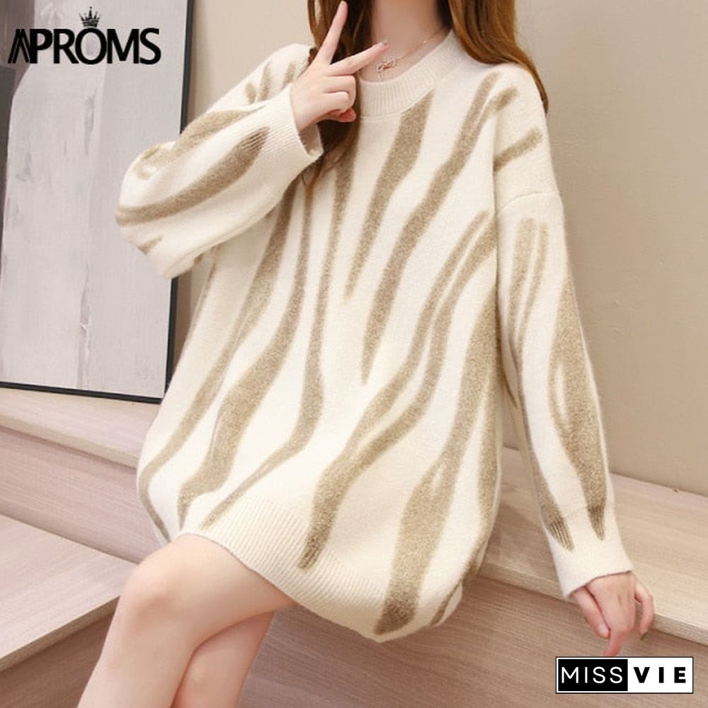 Aproms Korean Fashion Khaki Stripes Print Loose Sweaters Women Winter Hip-Pop Oversized