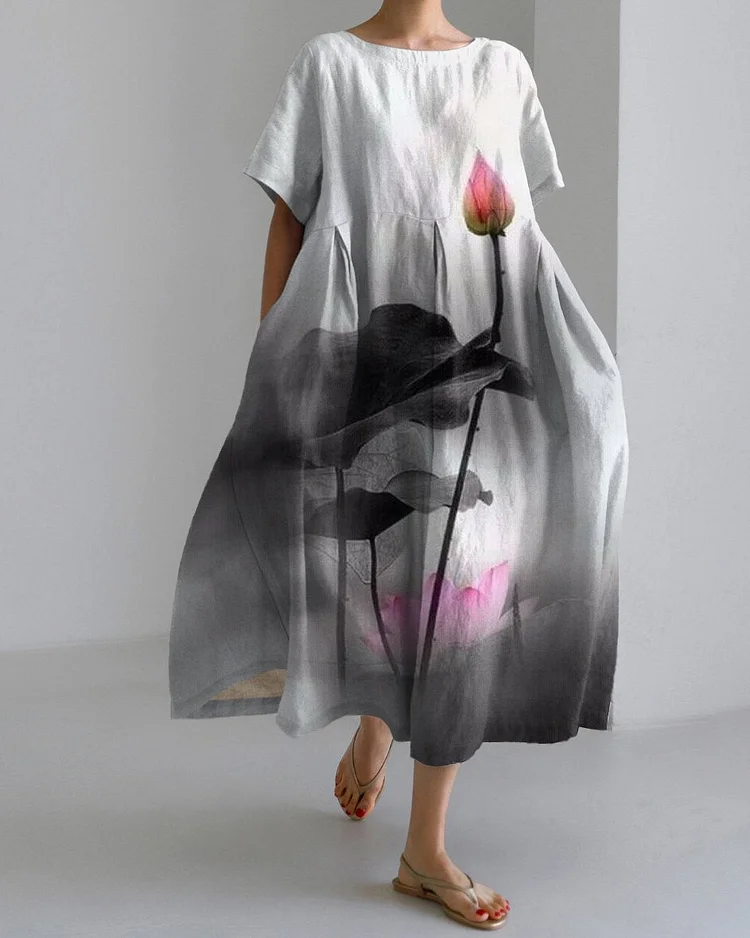 Ink Lotus Print Short Sleeve Midi Dress