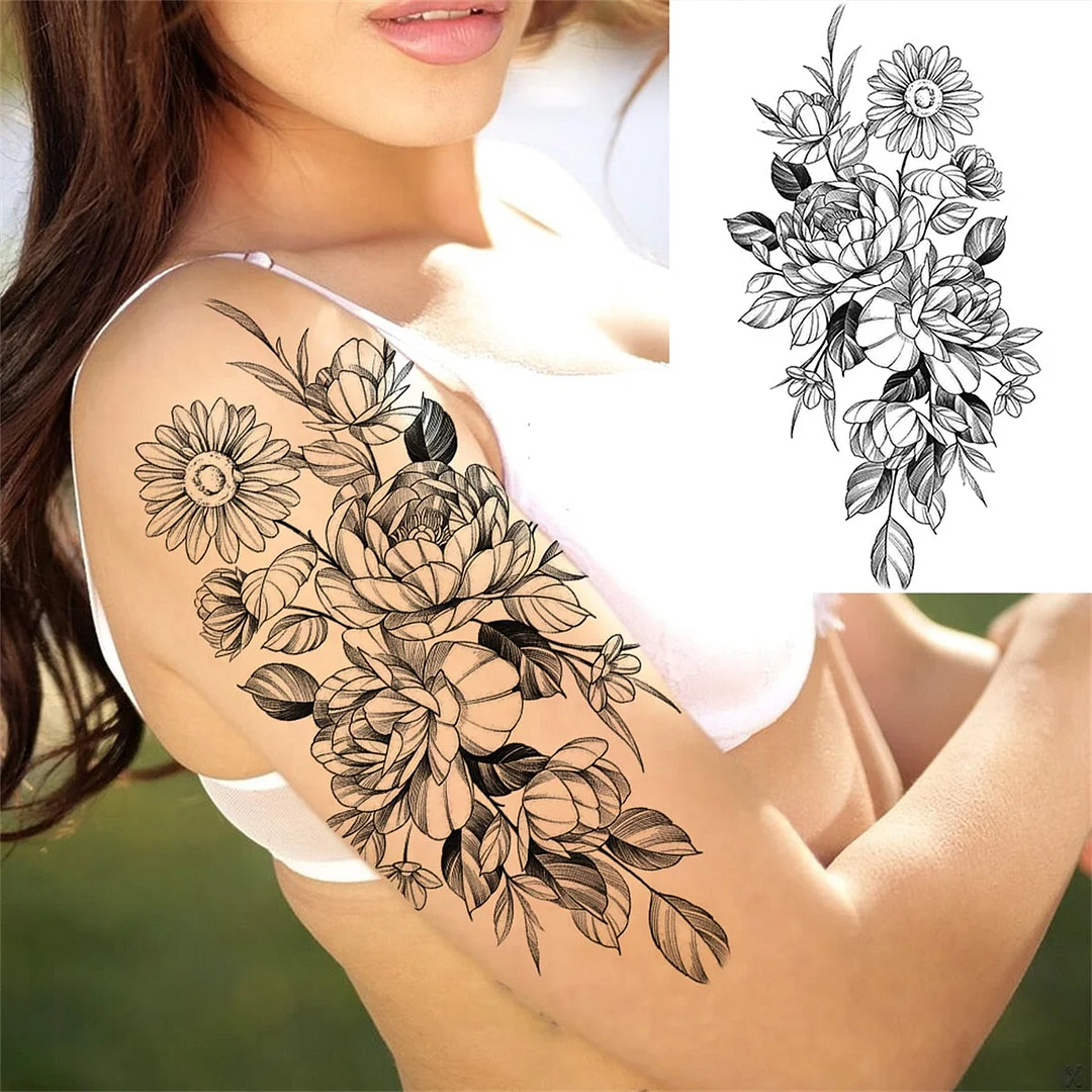 Large 3D Rose Flower Temporary Tattoos For Women Men Adults Death Skull Tattoo Sticker Peony Dahlia Black Fake Tatoos Forearm