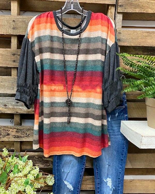 Women's Colorful Stripe Puff Sleeve Plus Size T-shirt