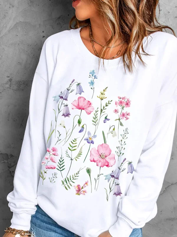 Floral print plain crew neck sweatshirt