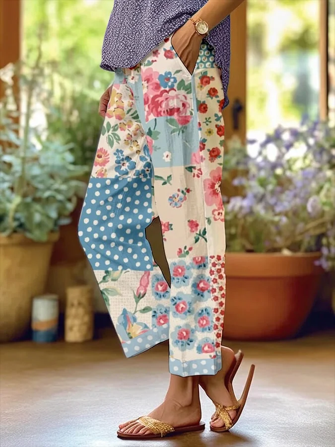 Women's Retro Botanical Floral Patchwork Art Print Loose Pocket Patchwork Casual Pants 