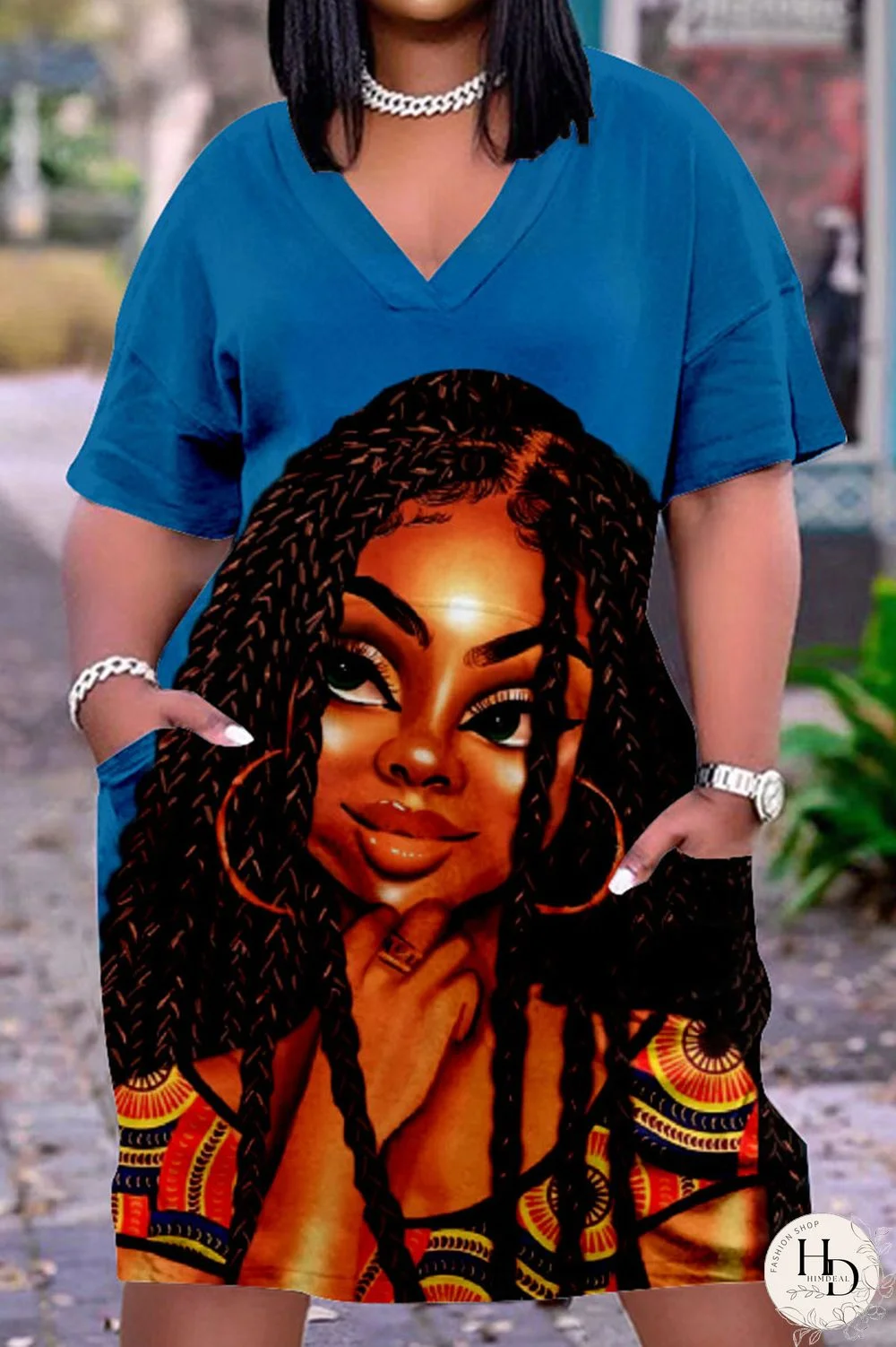 Multicolor Casual Street Print Patchwork V Neck Straight Dresses