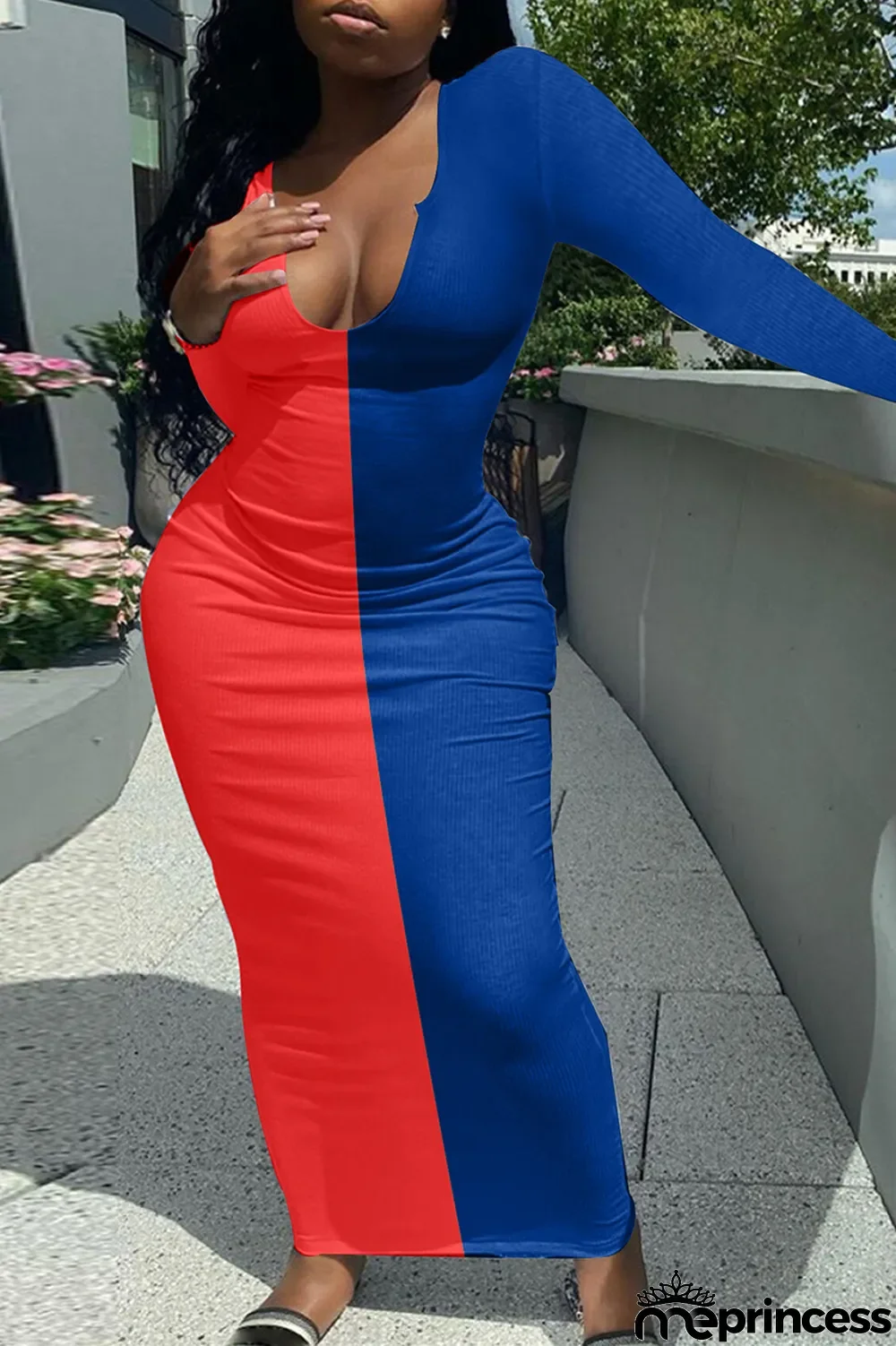 Blue Sexy Solid Split Joint V Neck Pencil Skirt Dresses