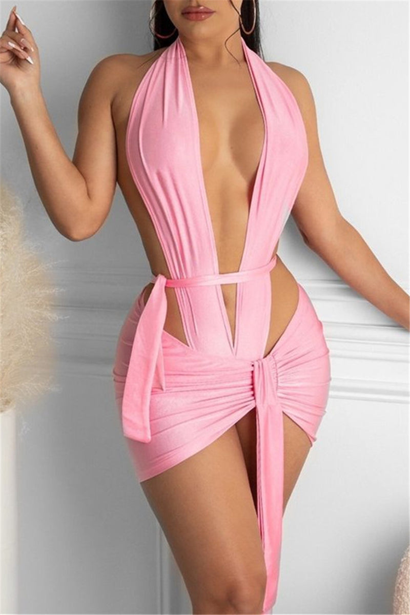 Sexy Vacation Solid Lace Hollowed Out Square Collar Sleeveless Two Pieces
