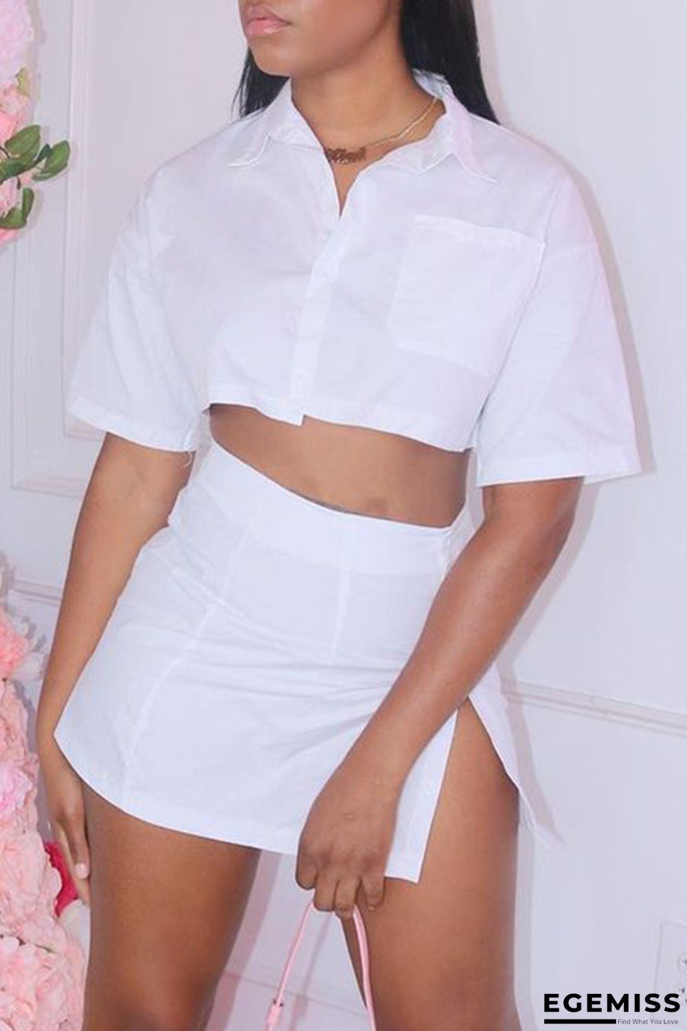 White Sexy Casual Solid Slit Turndown Collar Half Sleeve Two Pieces | EGEMISS