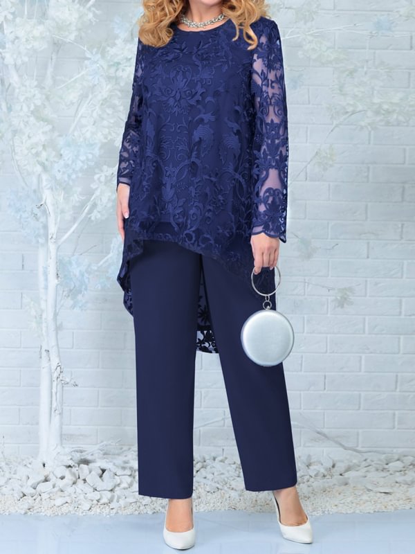 Round neck lace stitching long-sleeved top and trousers suit