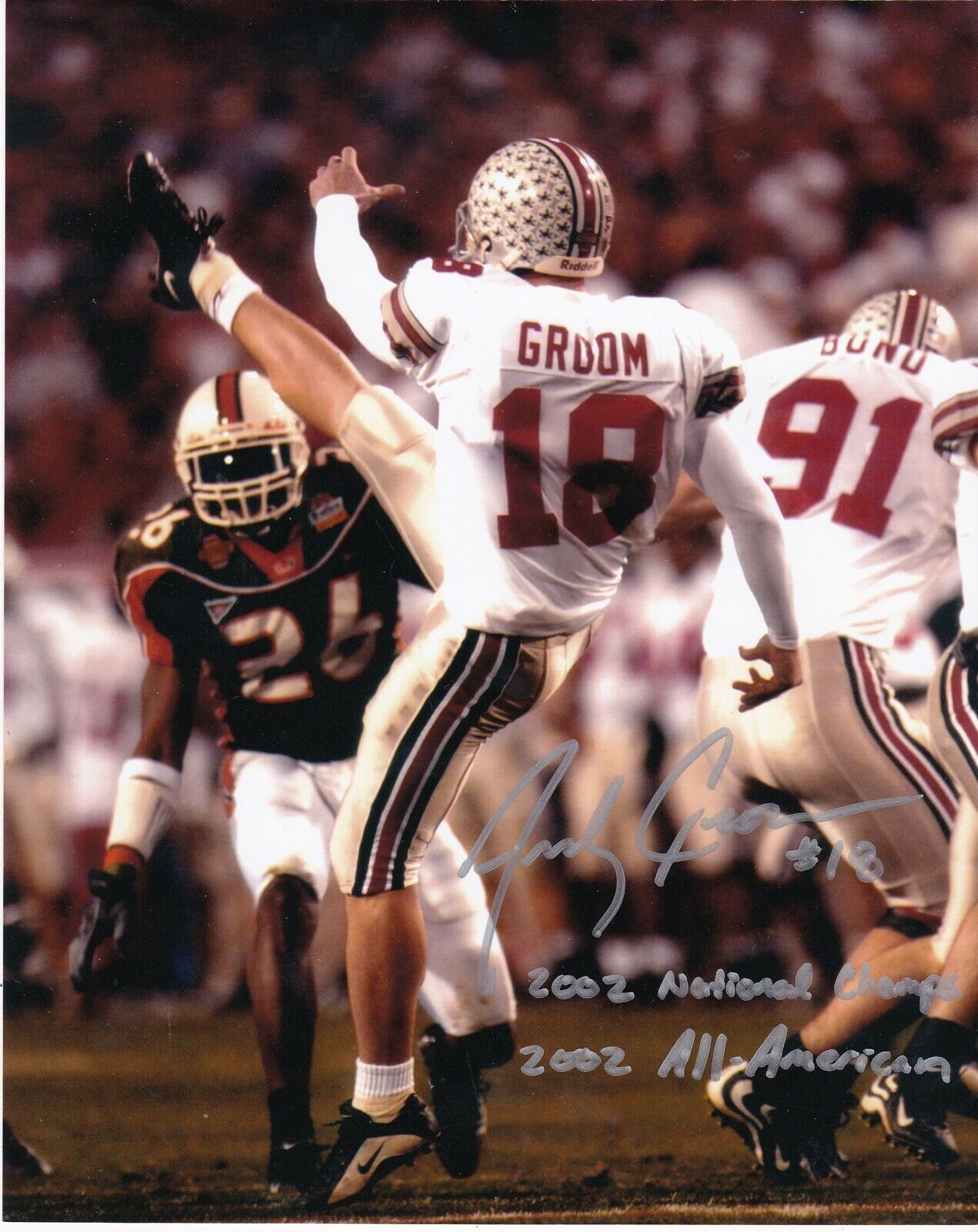 ANDY GROOM OHIO STATE BUCKEYES 2002 NATIONAL CHAMPS ACTION SIGNED 8x10