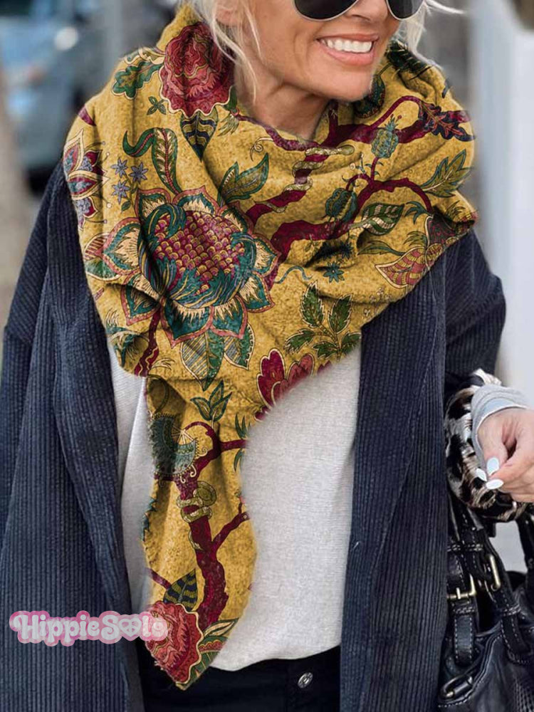 Women’s Retro Gorgeous Flowers Print Casual Knitted Blanket Poncho Hood Cape Multicolor / Onesize