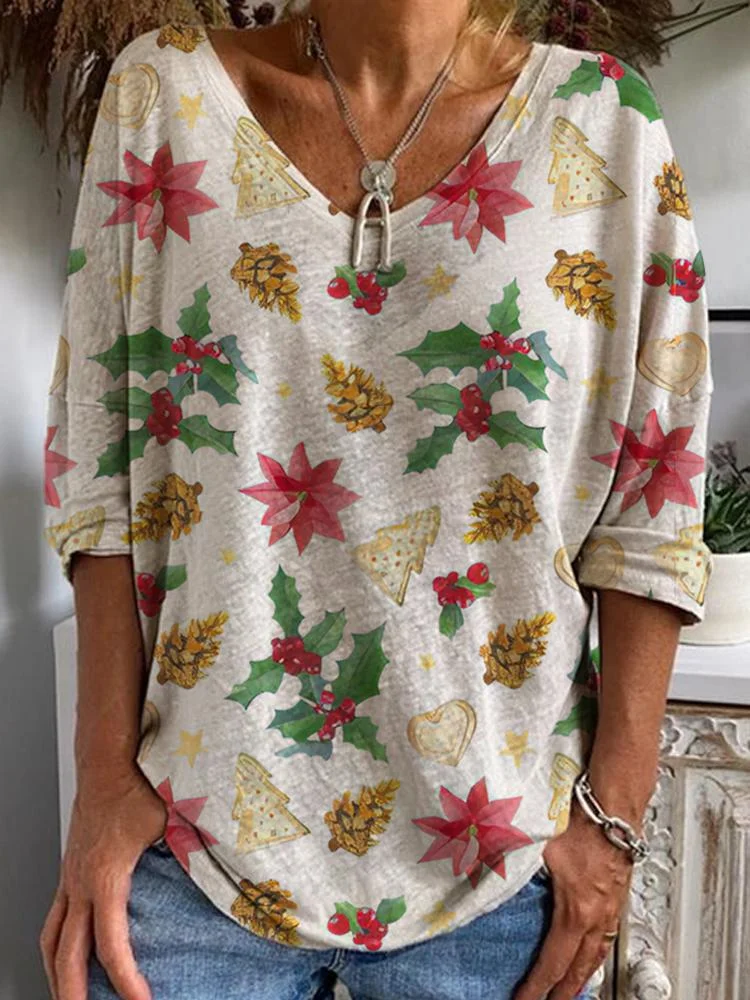 Women's Christmas Tree Holly Printed Half Sleeved V-Neck T-Shirt