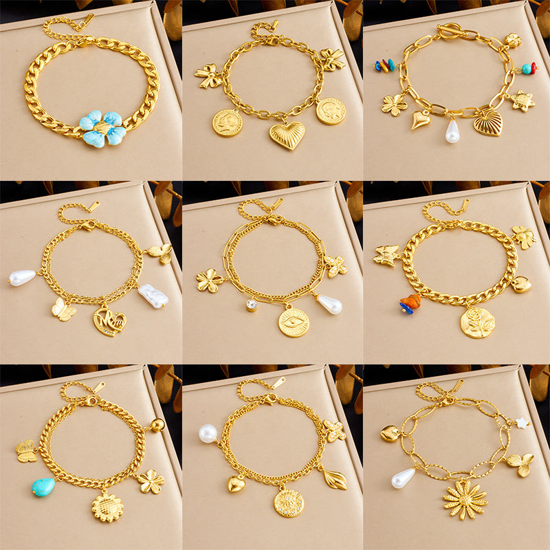 Fashion Personality Multi-Element Pendant Chain Stainless Steel Bracelet Retro All-Match Flower Love Letter