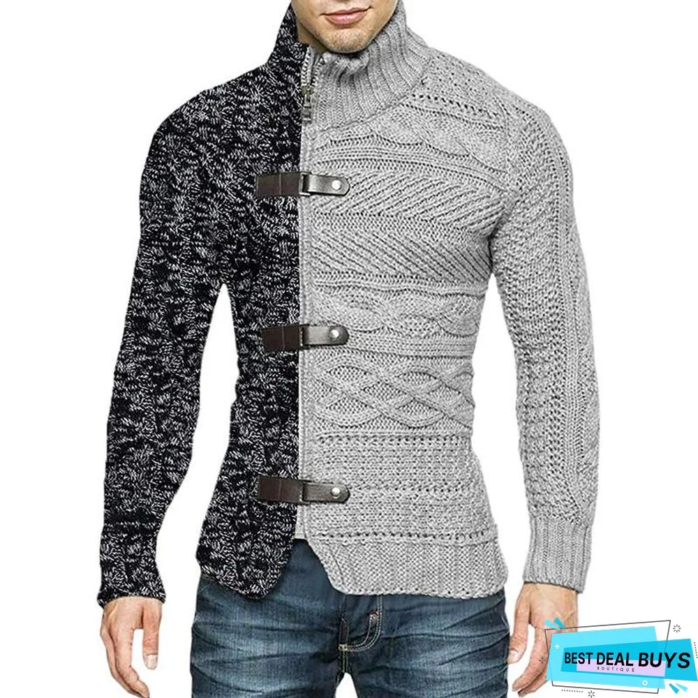 High Neck Sweater Men's Color Matching Leather Buckle Long Sleeve Knitted Cardigan
