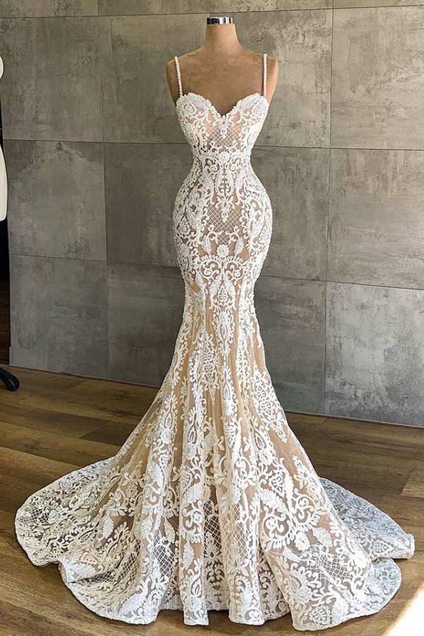 Elegant Champagne Spaghetti-Straps Lace Wedding Dress Mermaid Sleeveless - lulusllly