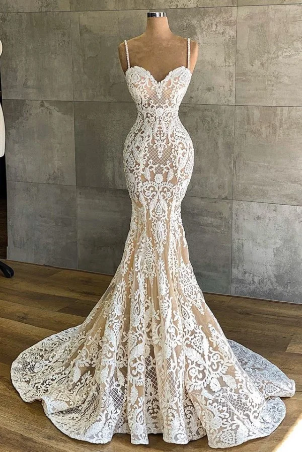 Bellasprom Champagne Spaghetti-Straps Lace Wedding Dress Mermaid Sleeveless