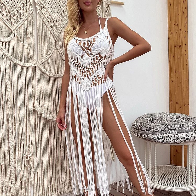 Women's sexy hollow knitted fringed swimsuit cover-up