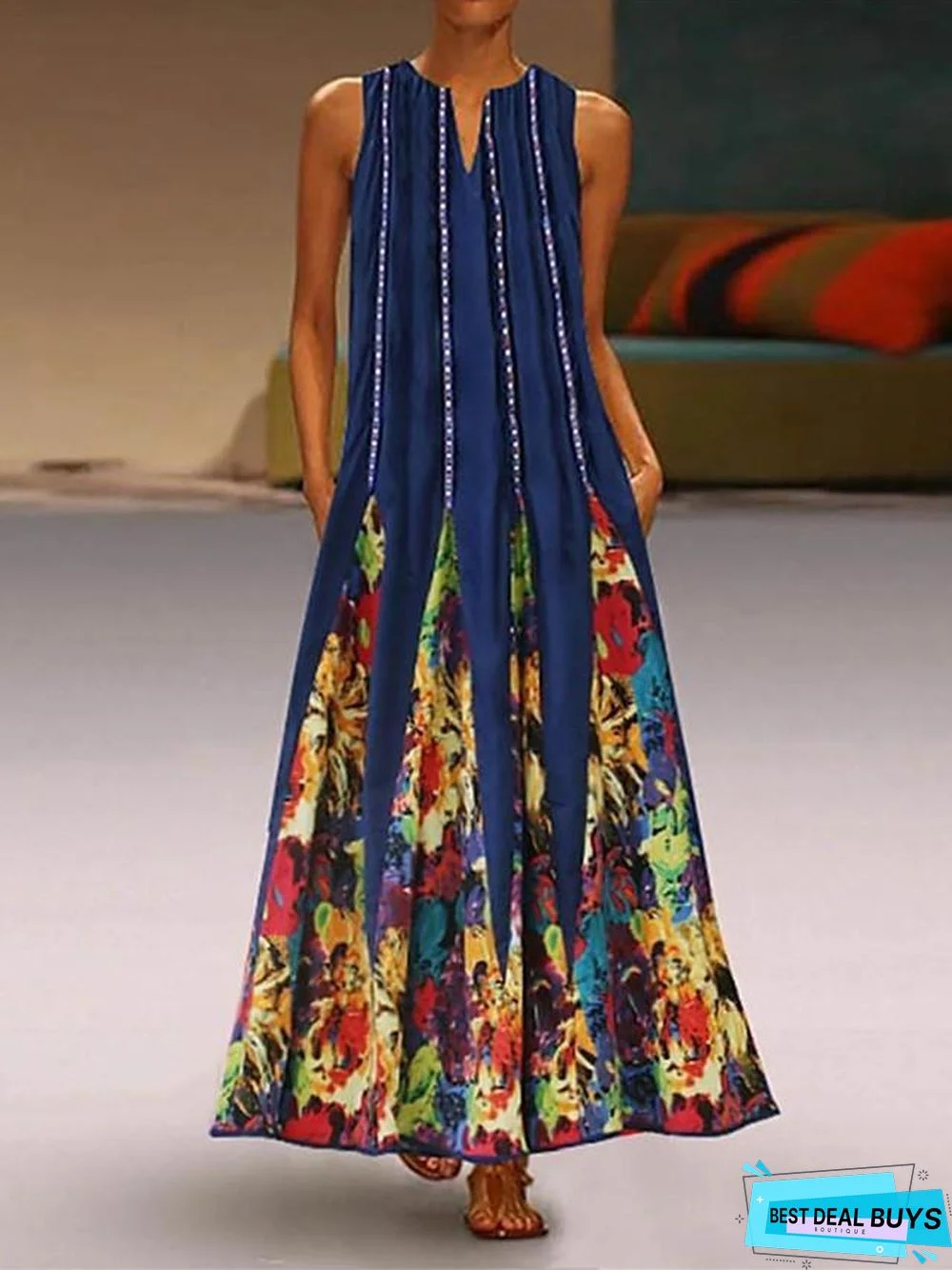 Women's Tunic Maxi Long Dress Sleeveless Tribal Print Summer Plus Size Hot Casual White Black Blue Red Green