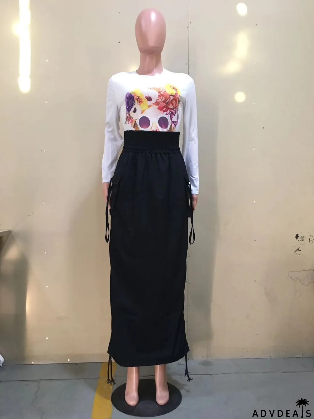 Summer Black High Waist Strings Midi Skirt with Pockets