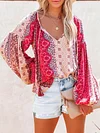 Floral Print V-Neck Long Sleeve Loose Casual T-Shirt Top
