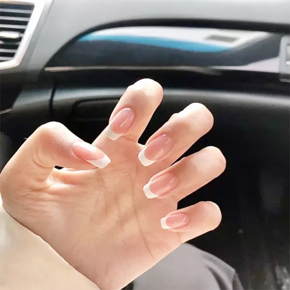 Agreedl Fashion French False Nails For Women Simple Pink Coffin Fake Nails Acrylic Nail Tips Full Cover Press On Manicure Tool