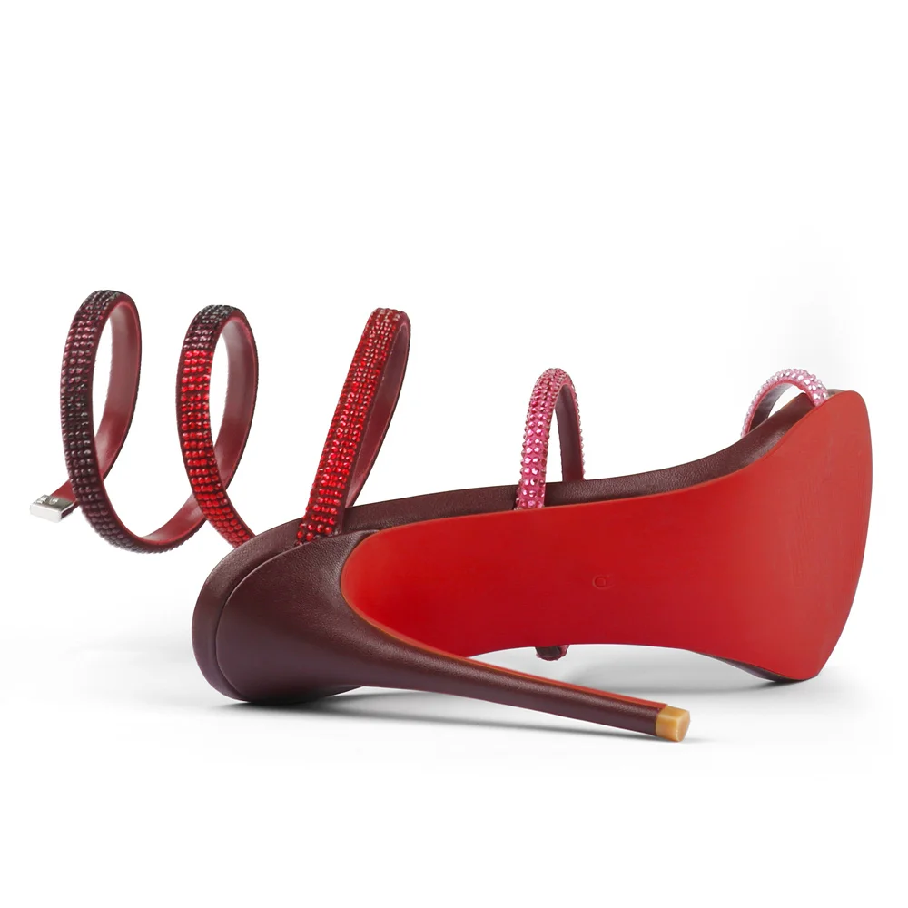 120mm Women's Cross Strappy Sandals Rhinestone Heels Red bottom Pull-on Sexy Stilettos-MERUMOTE