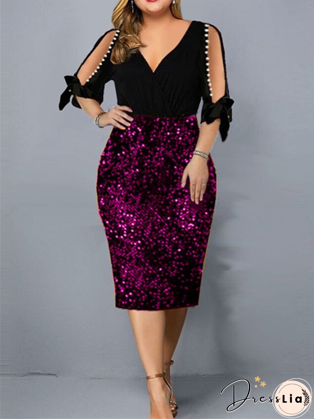 New V-neck Personalized Sequins Design Plus Size Women's Dress