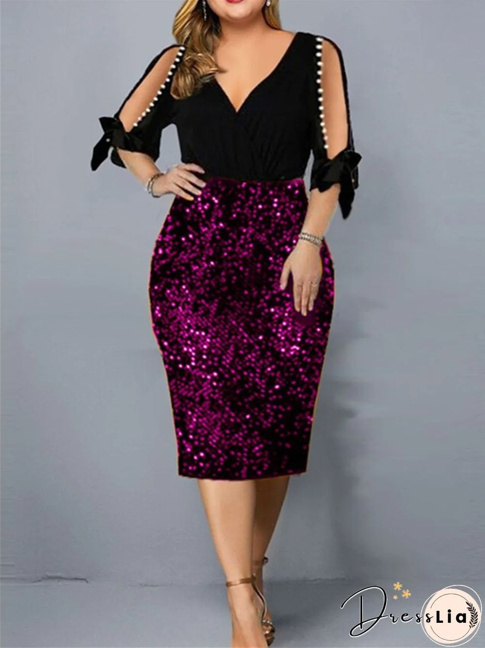 New V-neck Personalized Sequins Design Plus Size Women's Dress