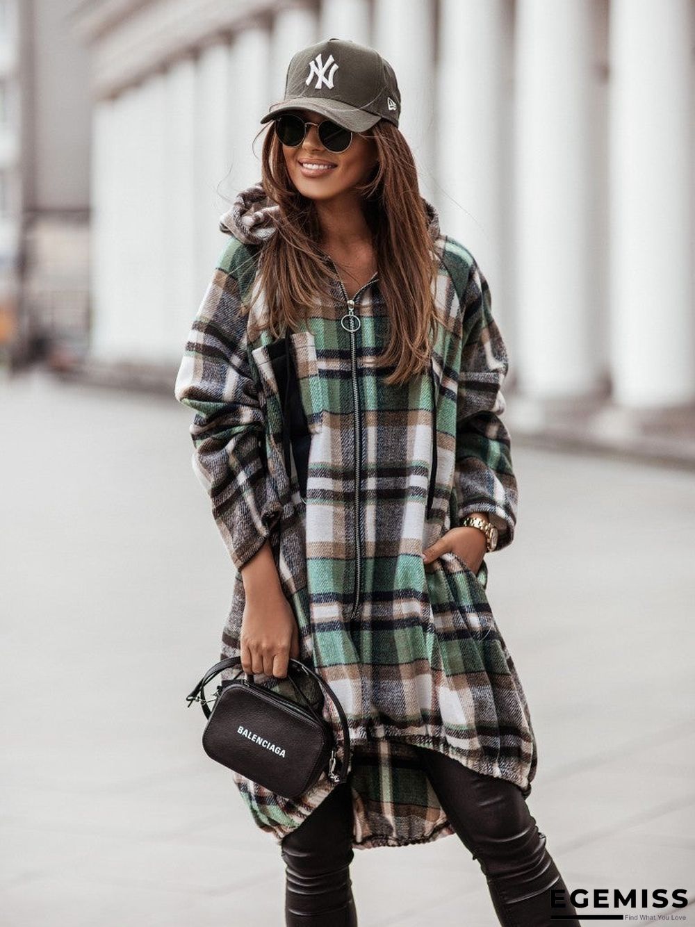 Casual Plaid Zip Long Sleeve Hooded Outerwear | EGEMISS