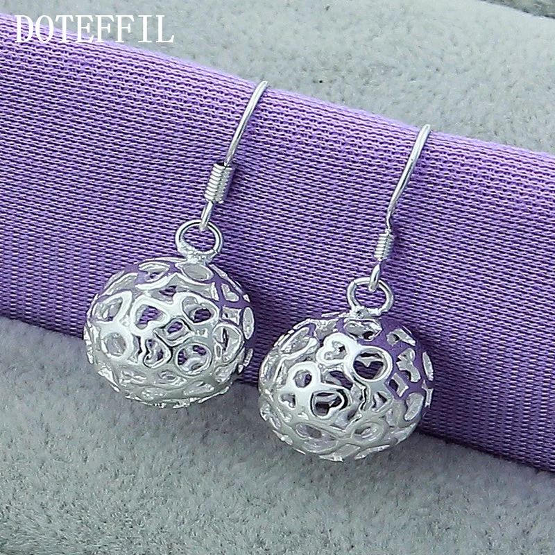 DOTEFFIL 925 Sterling Silver Hollow Round Ball Drop Earrings For Woman Jewelry