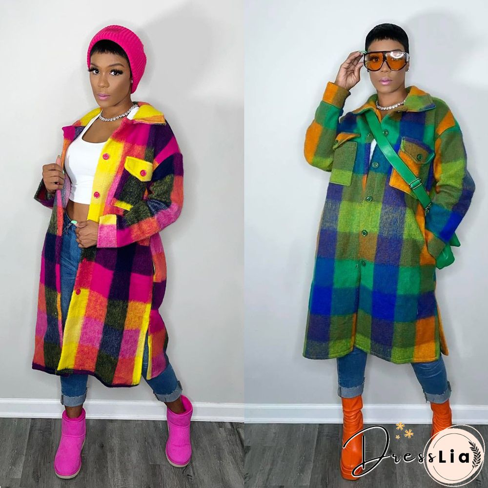 Plaid Lapel Single-breasted Woolen Long Coat