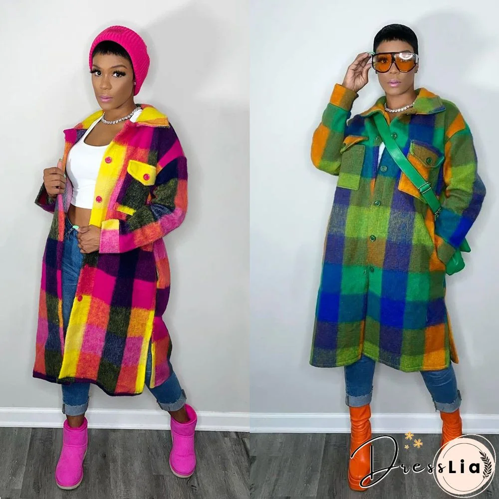 Plaid Lapel Single-breasted Woolen Long Coat