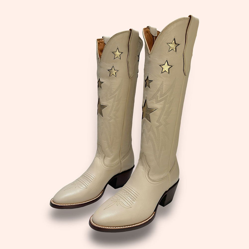 Beige Stars Embroidered Round Toe Chunky Heel Knee-High Cowgirl Boots Nicepairs