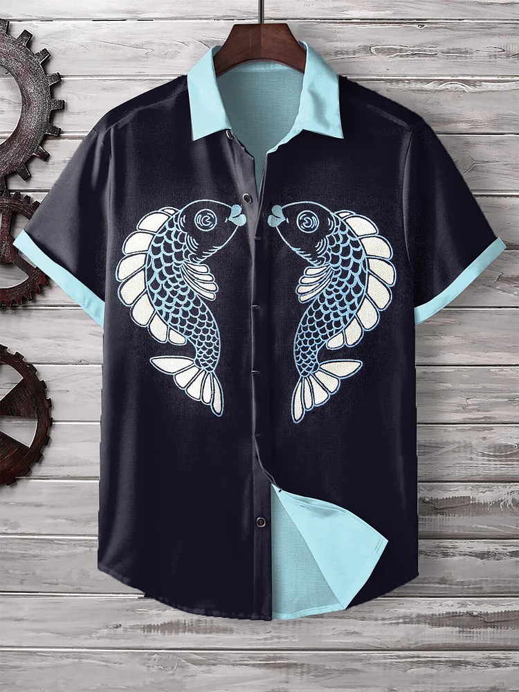 Men's Japanese Fish Graphic Print Short Sleeve Shirt