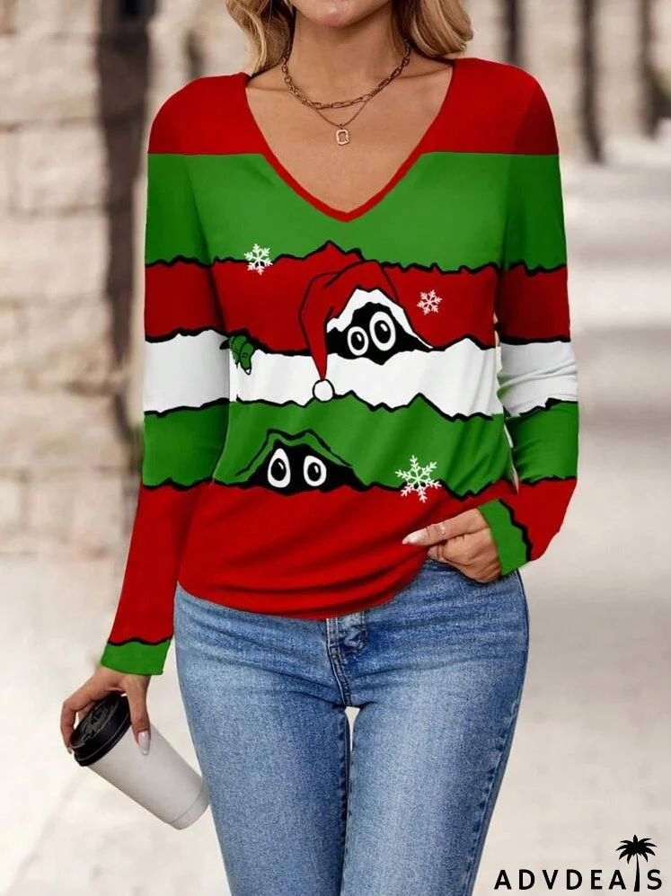 Casual Simple Christmas Element Pattern Loose V-Neck Drop Shoulder T-Shirt, Autumn/Winter