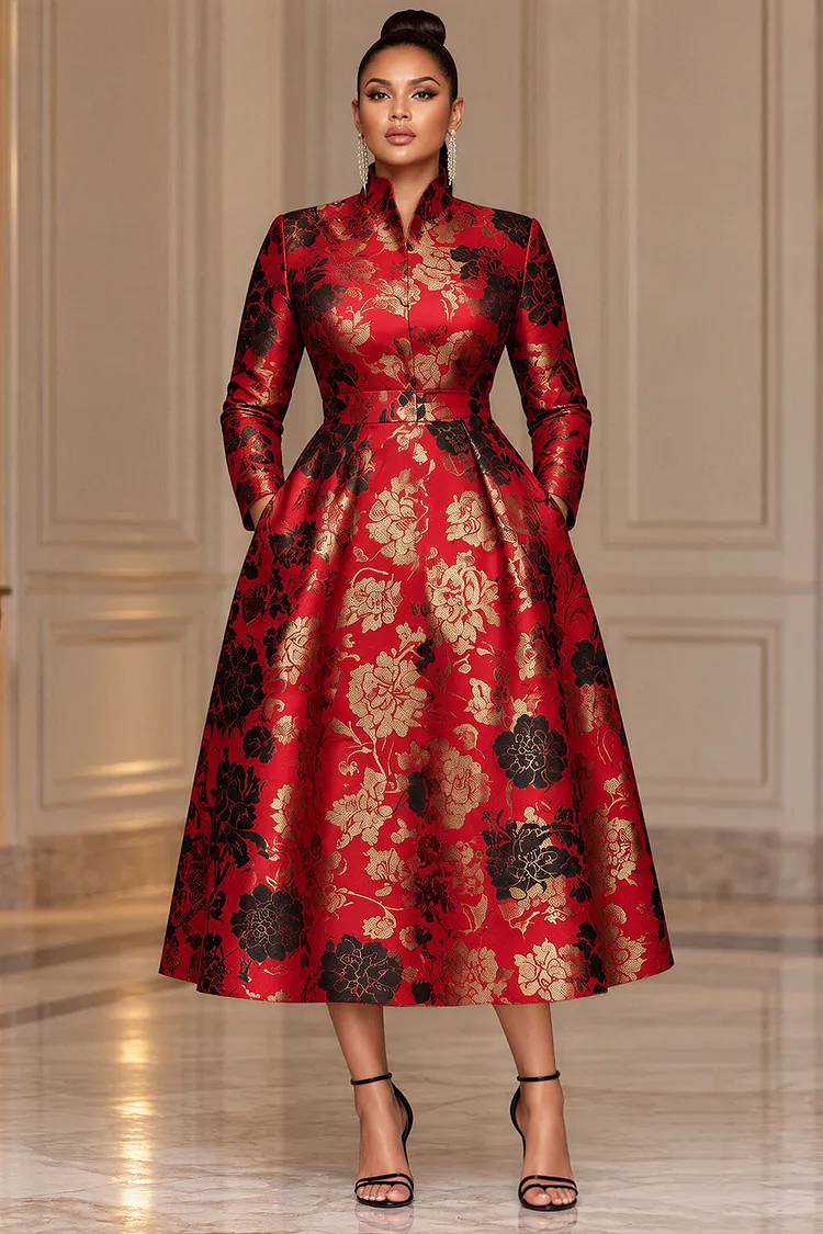 Xpluswear Design Plus Size Churchs Red Floral Long Sleeve Pocket Satin Midi Dresses [Pre-Order] 2024 - Xpluswear