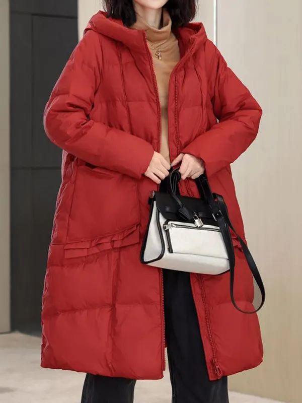 Long Sleeves Loose Pockets Solid Color Split-Joint Tied Waist V-Neck Woolen Coat main image 0