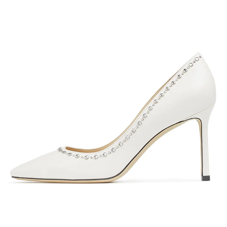 Women's Rhinestone Studded Stiletto Heel Pumps Shoes in White |FSJ Shoes