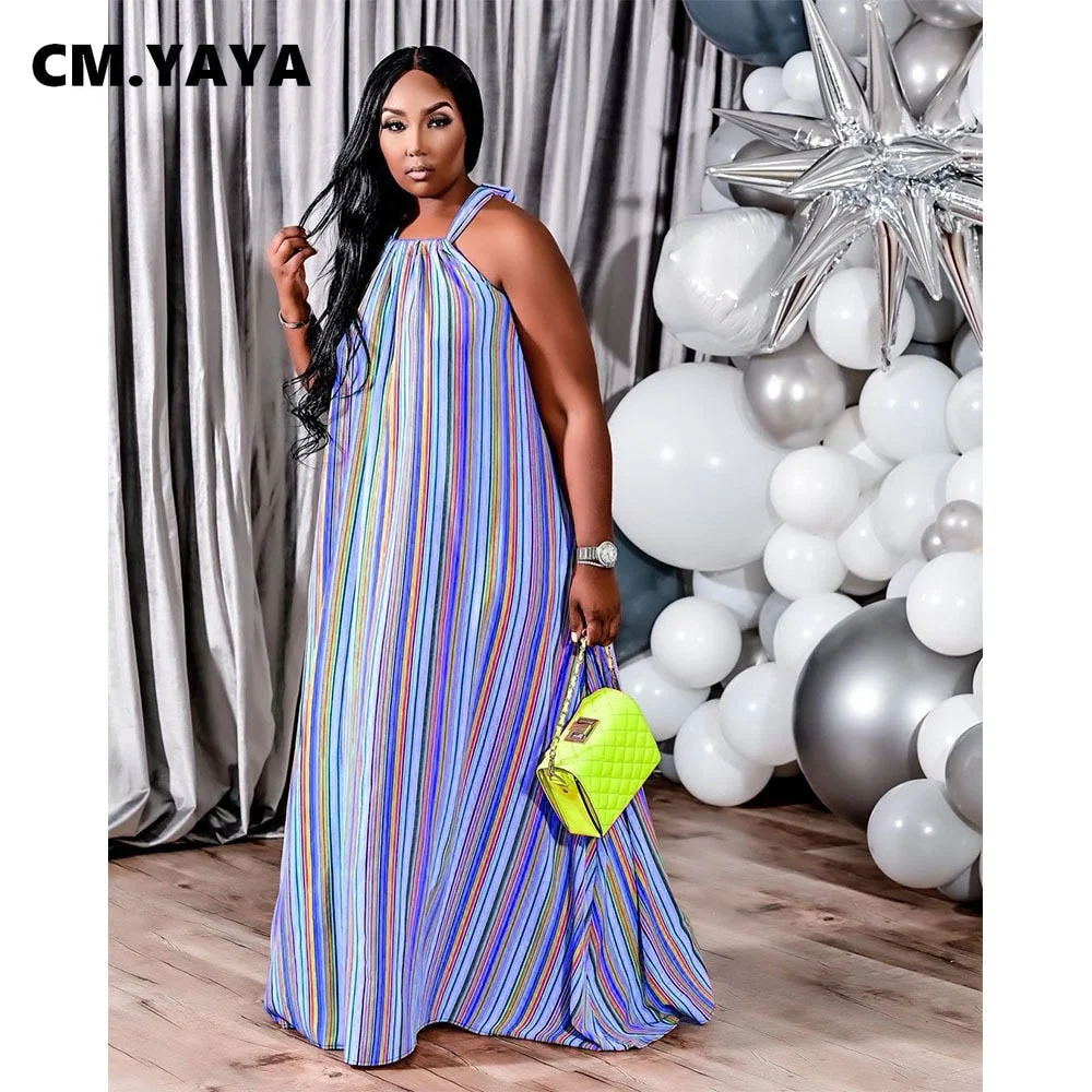 CM.YAYA Women Plus Size Dress O-neck Sleeveless Hater Long Loose Striped Dress Casual Sexy Beach Dress Autumn 2021
