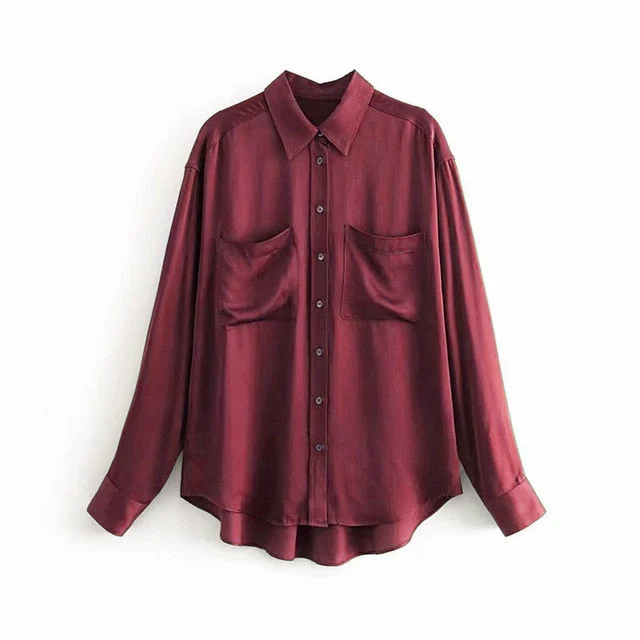 Women Vintage Satin Blouse Casual Solid Shirt 2019 Soft Turn Down Collar Office Shirt Long Sleeve Pocket Green Blouse Top Blusas
