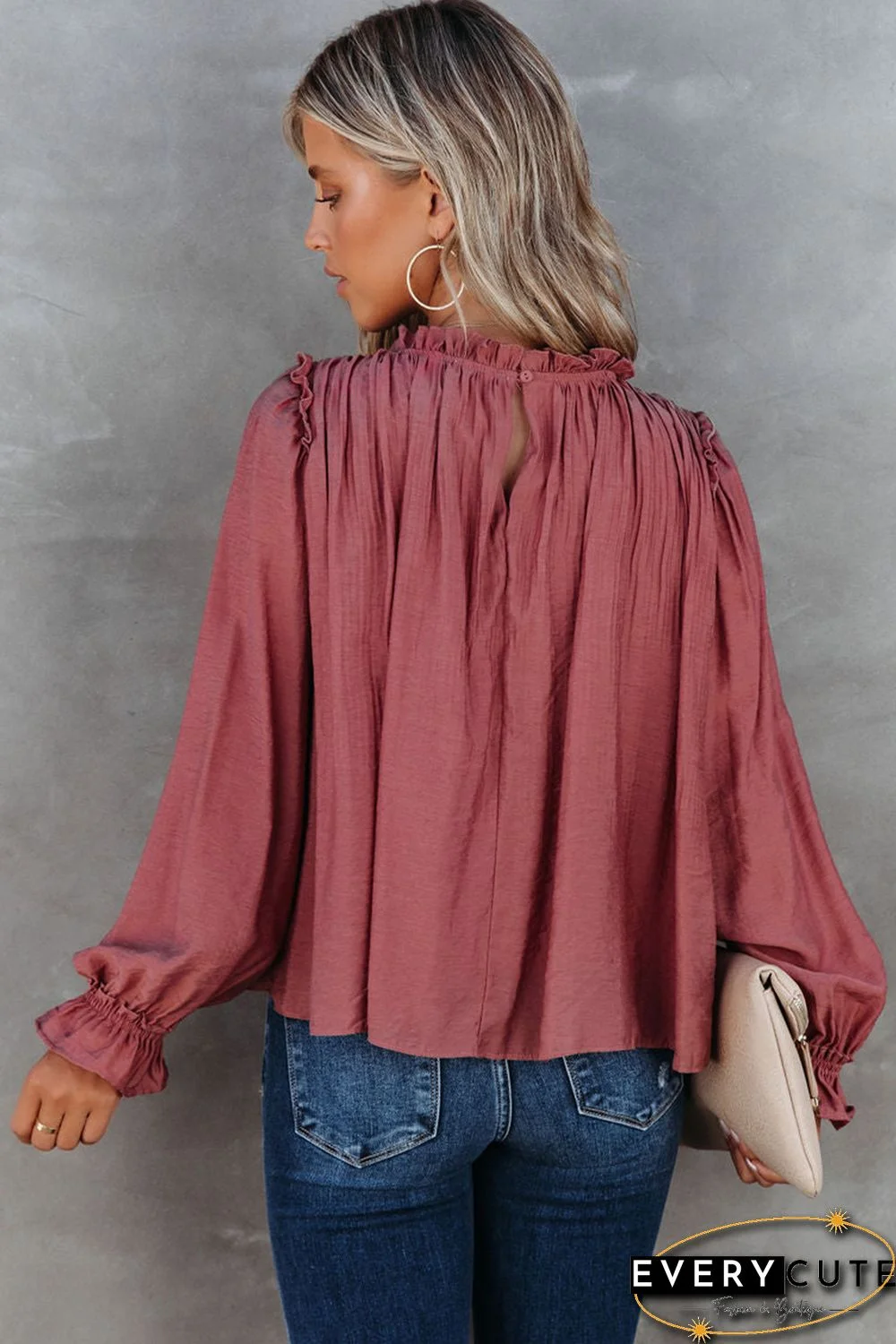 Red Frilled Neck Ruffled Long Sleeve Blouse