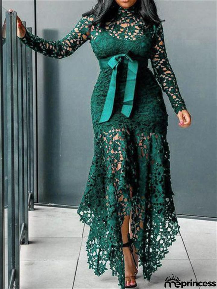 Stunning Waist Tie Lace Design Asymmetric Hem Dress for Prom