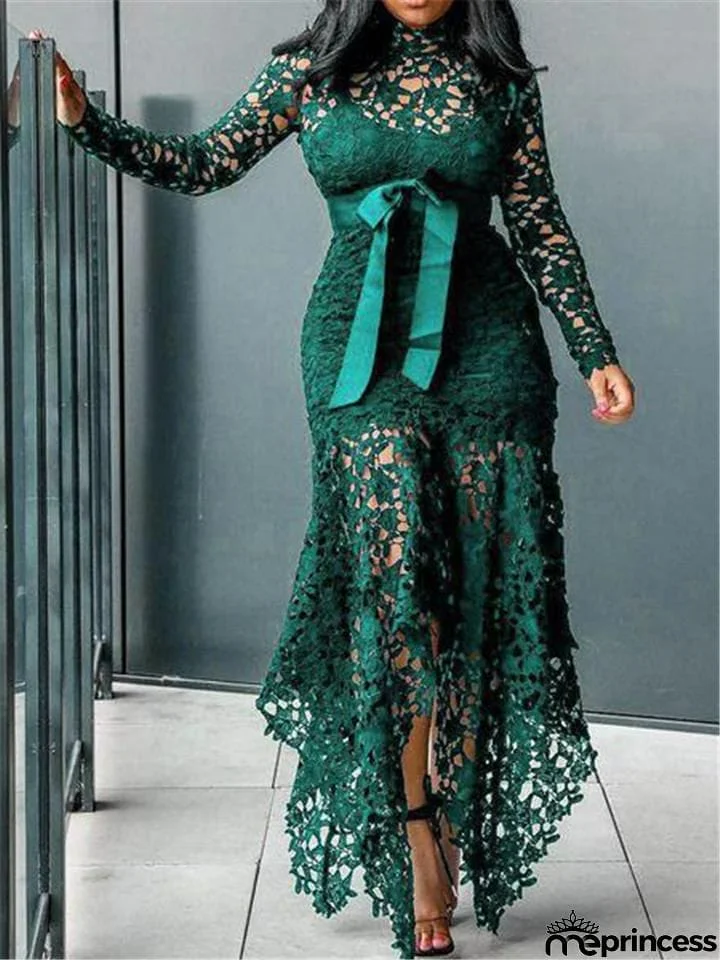 Stunning Waist Tie Lace Design Asymmetric Hem Dress for Prom