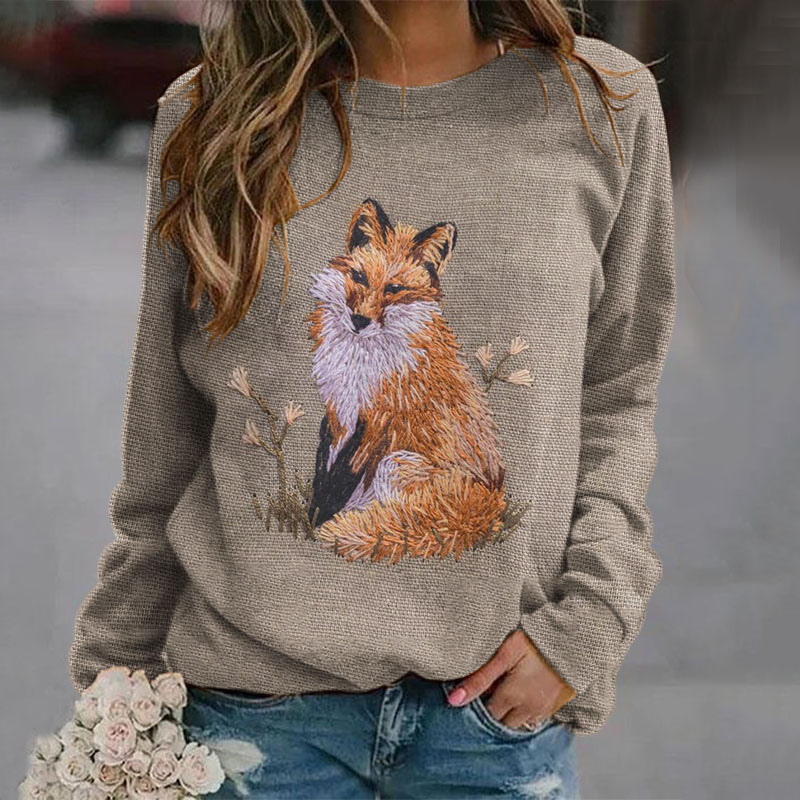 Fox Embroidery Print Crew Neck Sweatshirt artswardrobe