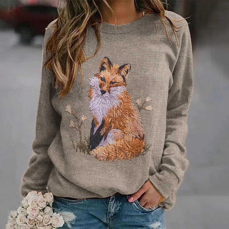 VChics Fox Embroidery Print Crew Neck Sweatshirt