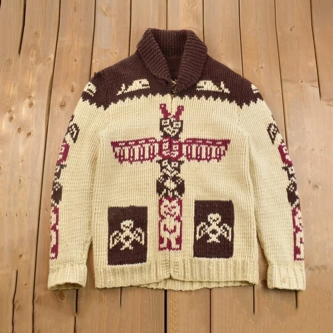 Utbros Vintage Canadian Aboriginal Totem Pole Pattern Cowichan Sweater